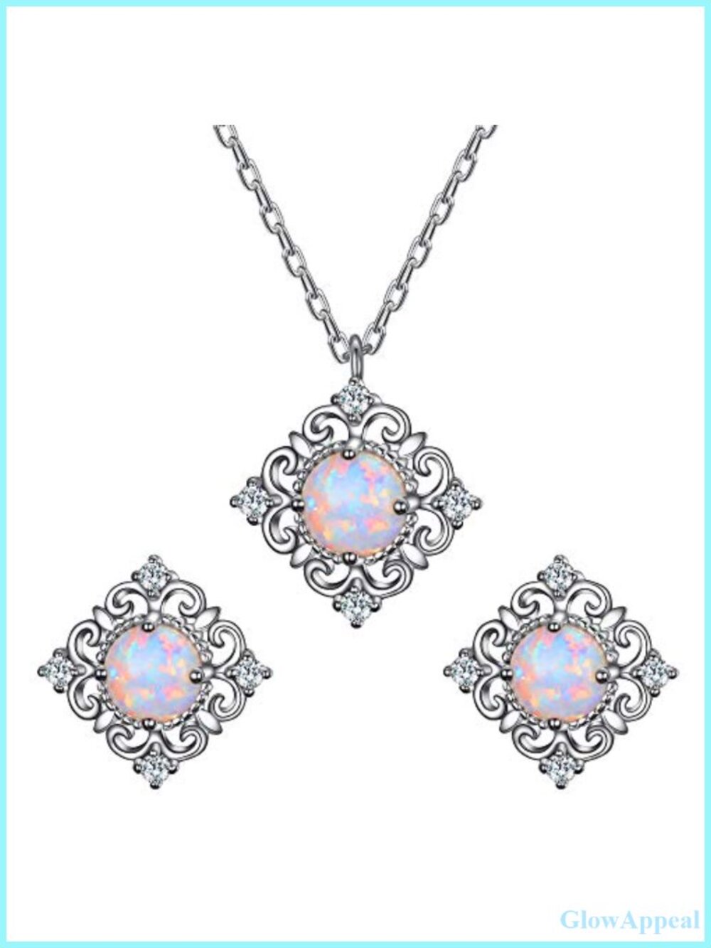 925 Sterling Silver White Opal CZ Square Art Deco Floral Wave Necklace Earrings